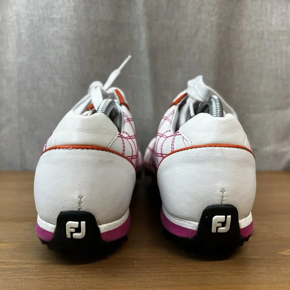 Footjoy Golf Shoes Women’s 8M Pink Plaid Orange Cleats 97222 Lace Up Spikes